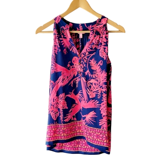 Lilly Pulitzer Silk Fushia and Navy Bird Print Sleeveless Blouse High Low XS - Picture 1 of 5